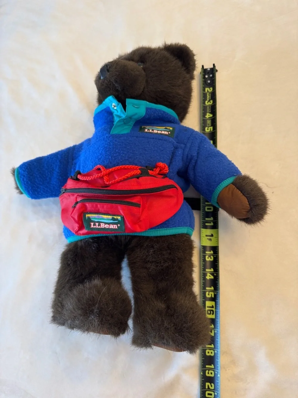 Vintage! L.L. Bean Teddy Plush Dark Brown Bear in Blue Fleece with Red Pack - Picture 8 of 9